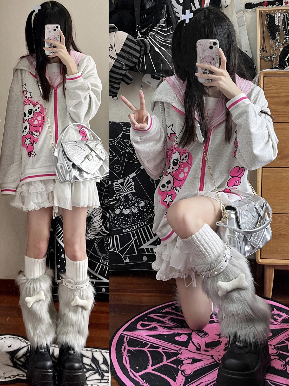 Alita26SS Cartoon Print Loose Fit Fleece Women's Cotton Zip-up Hoodies