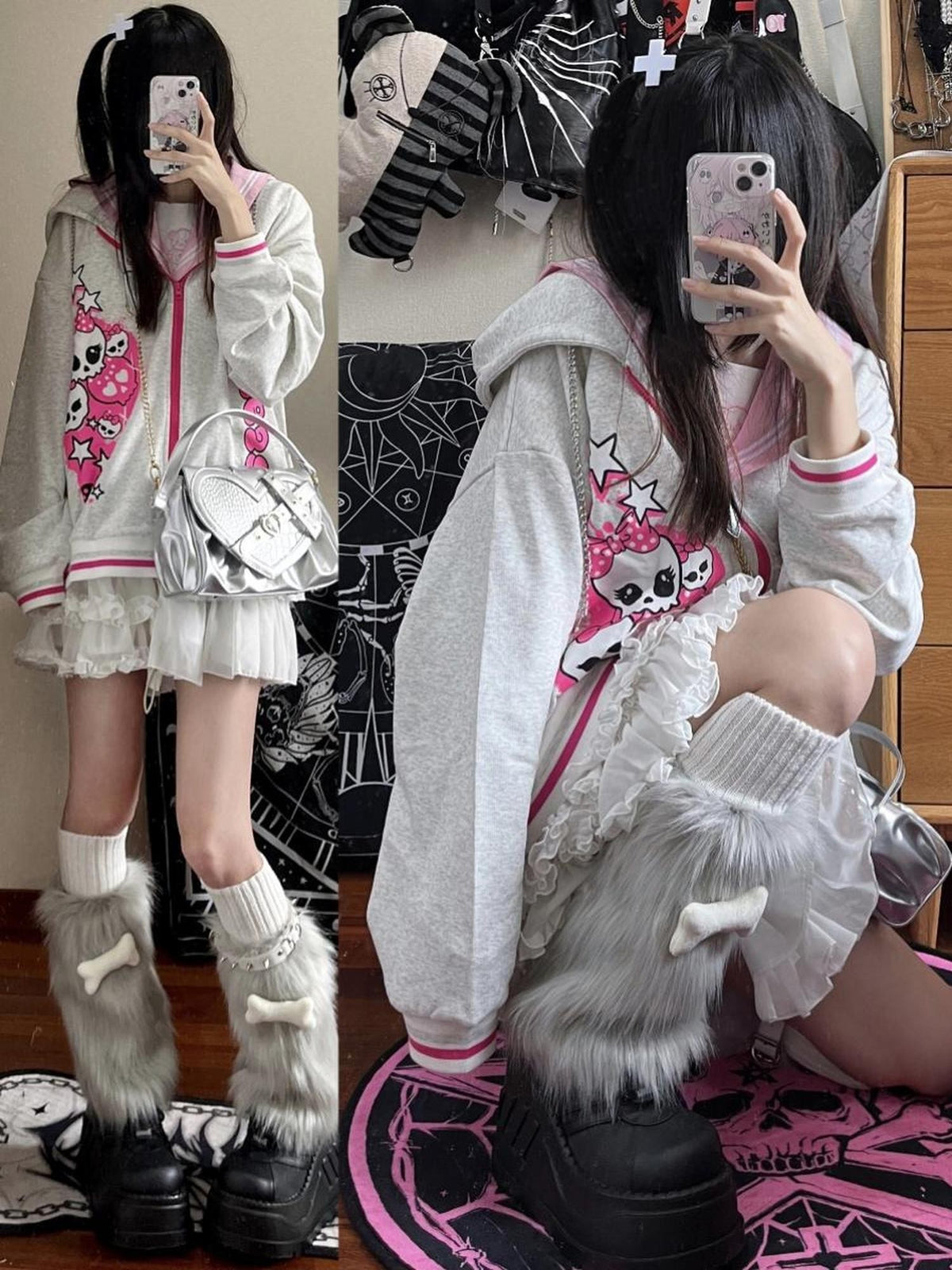 Alita26SS Cartoon Print Loose Fit Fleece Women's Cotton Zip-up Hoodies