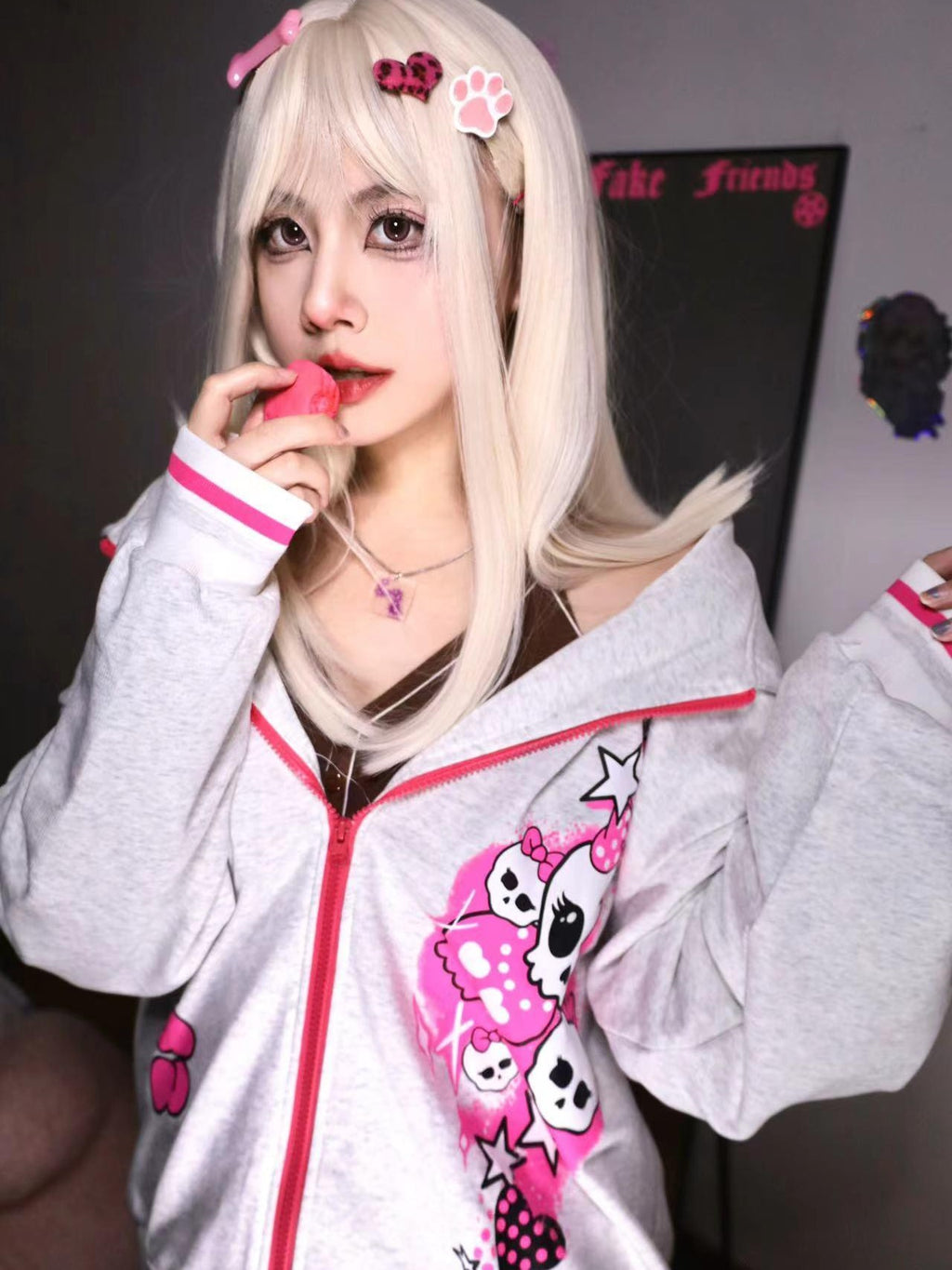 Alita26SS Cartoon Print Loose Fit Fleece Women's Cotton Zip-up Hoodies