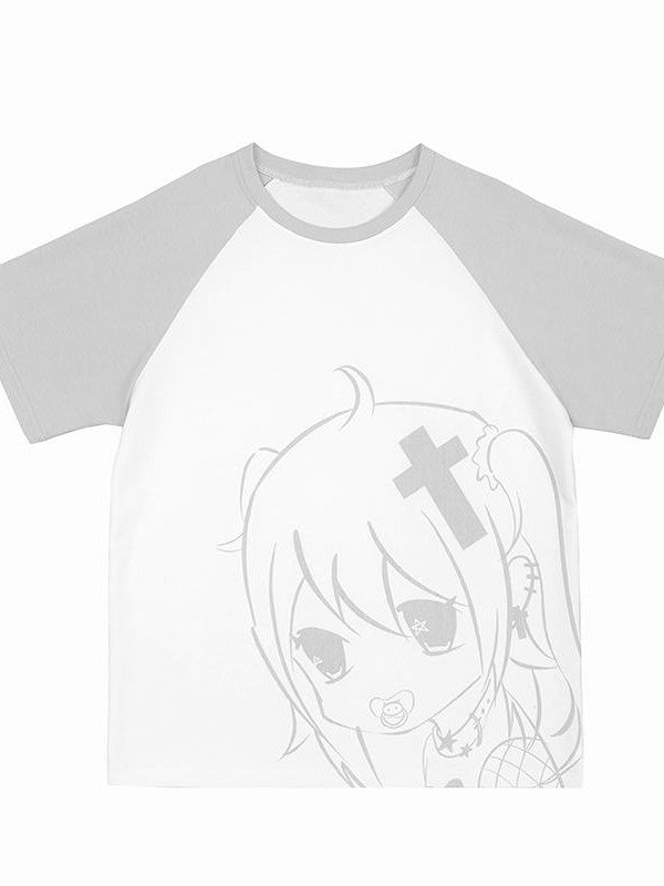 Alita26SS Cartoon Print Loose Raglan Sleeve Round Neck Cotton Women's Short Sleeve T-shirts