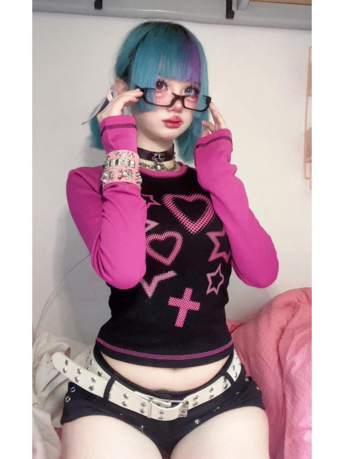 Alita26SS Cartoon Print Raglan Cropped Cotton Women's Long Sleeve T-shirts