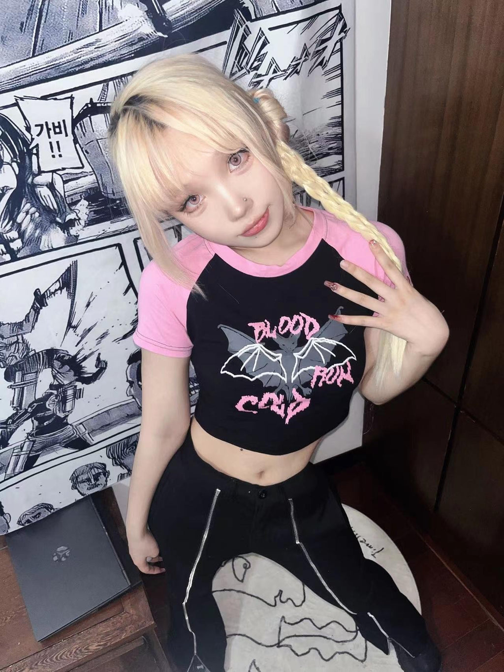 Alita26SS Cartoon Print Slim Fit Raglan Sleeve Women's Cotton Crop Tops