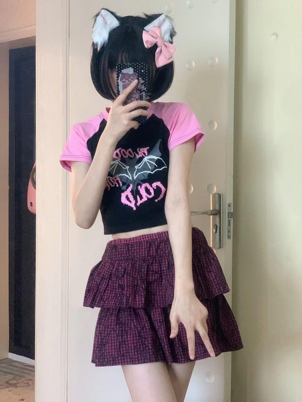 Alita26SS Cartoon Print Slim Fit Raglan Sleeve Women's Cotton Crop Tops