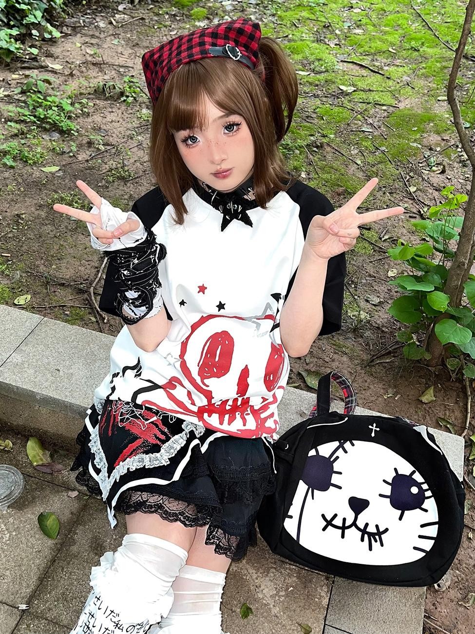 Alita26SS Cartoon Skull Print Loose Fit Cotton Women's Short Sleeve T-shirts