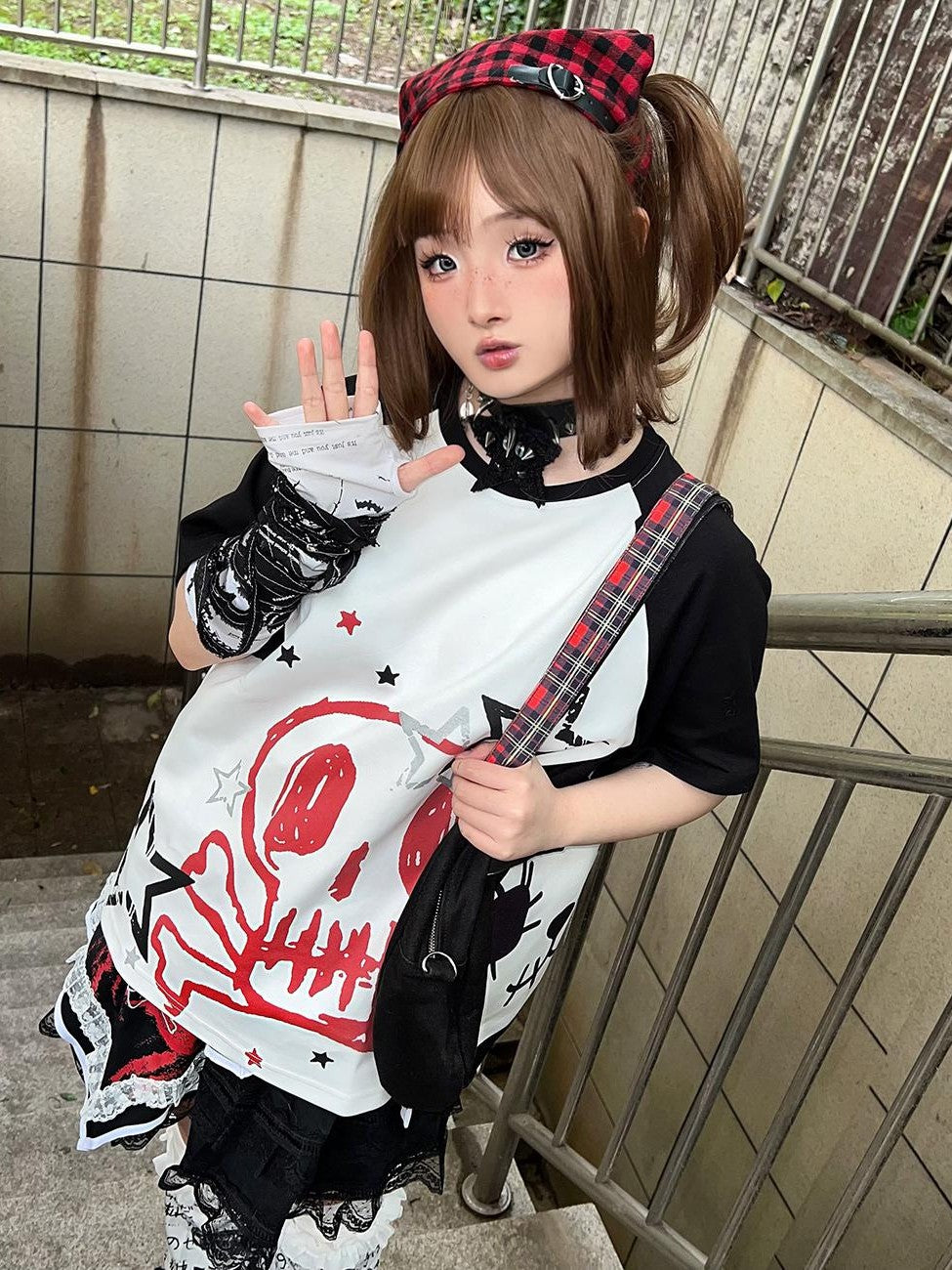 Alita26SS Cartoon Skull Print Loose Fit Cotton Women's Short Sleeve T-shirts