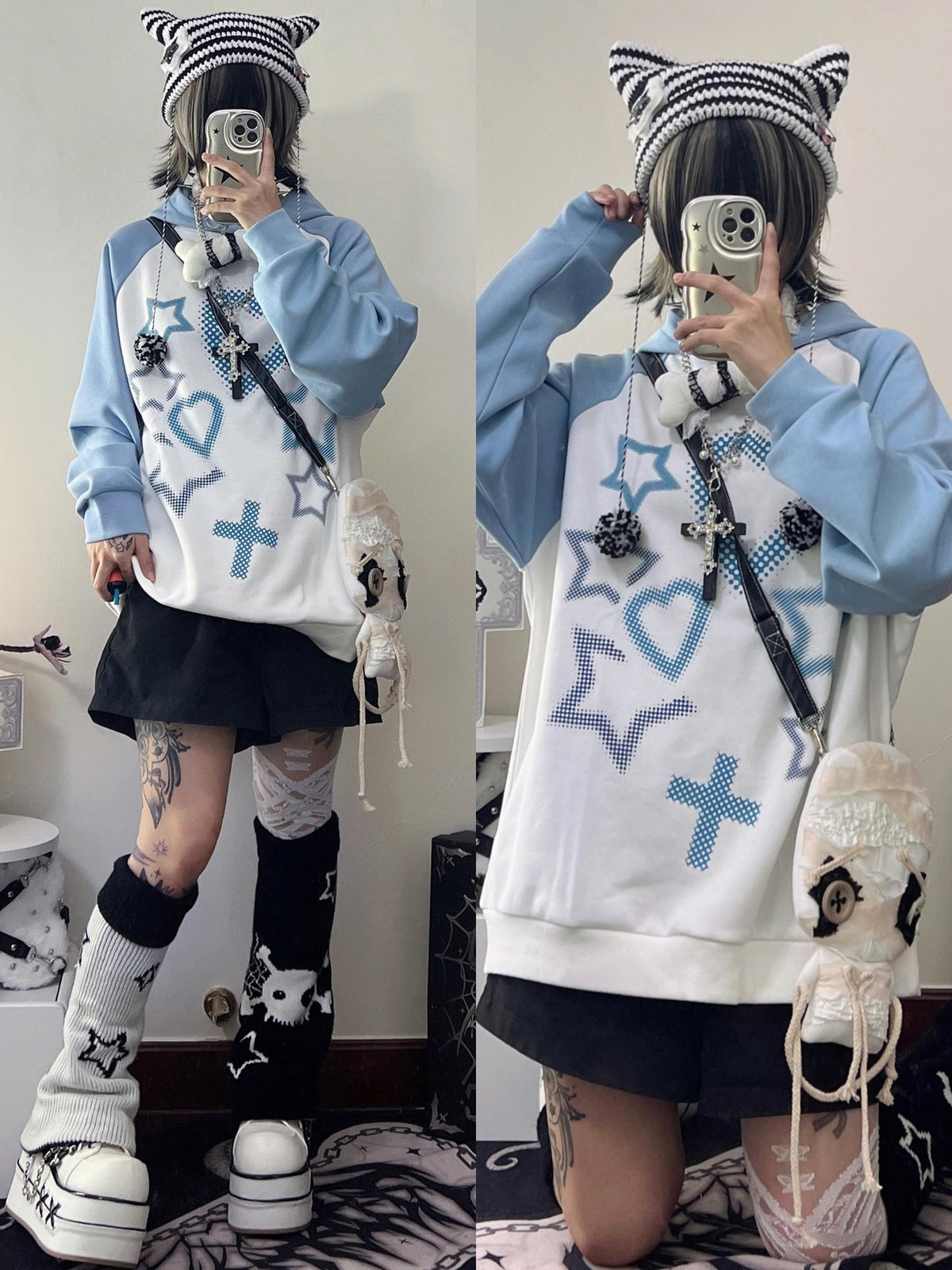 Alita26SS Cross Heart Print Loose Raglan Sleeve Hooded Cotton Women's Hoodies