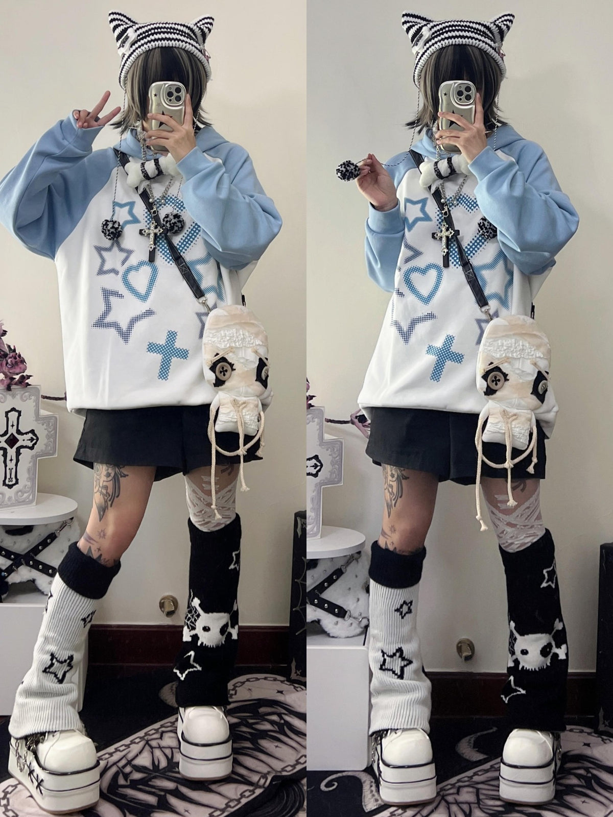 Alita26SS Cross Heart Print Loose Raglan Sleeve Hooded Cotton Women's Hoodies