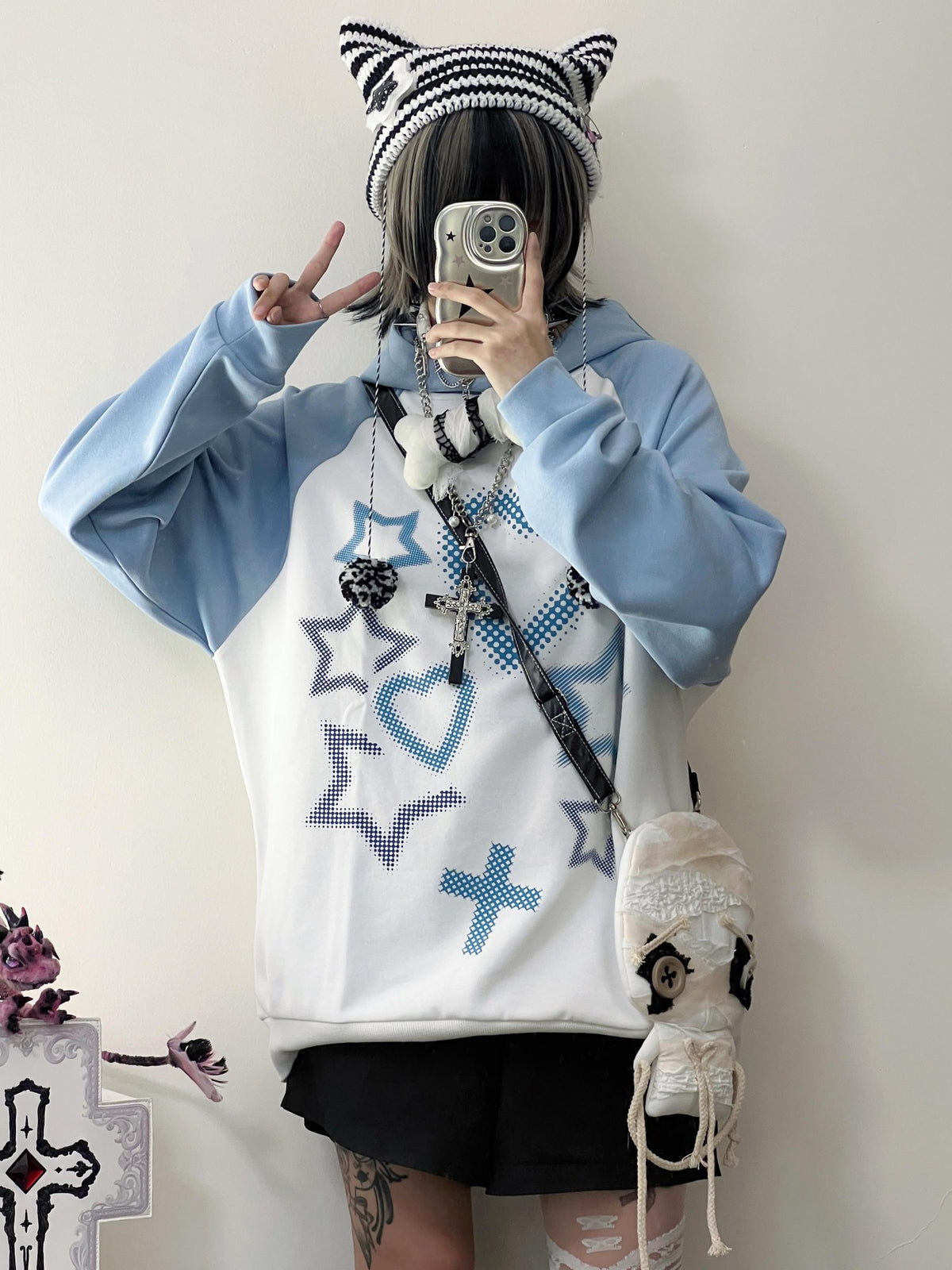 Alita26SS Cross Heart Print Loose Raglan Sleeve Hooded Cotton Women's Hoodies