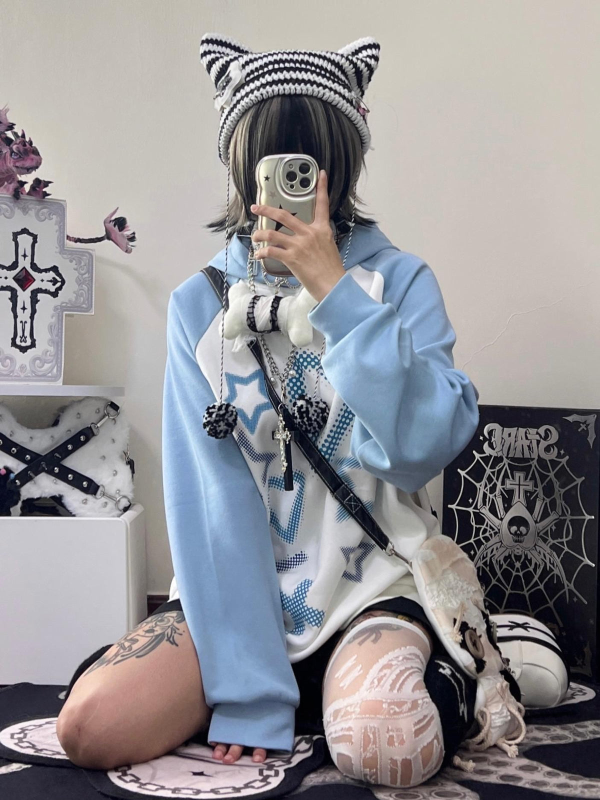 Alita26SS Cross Heart Print Loose Raglan Sleeve Hooded Cotton Women's Hoodies