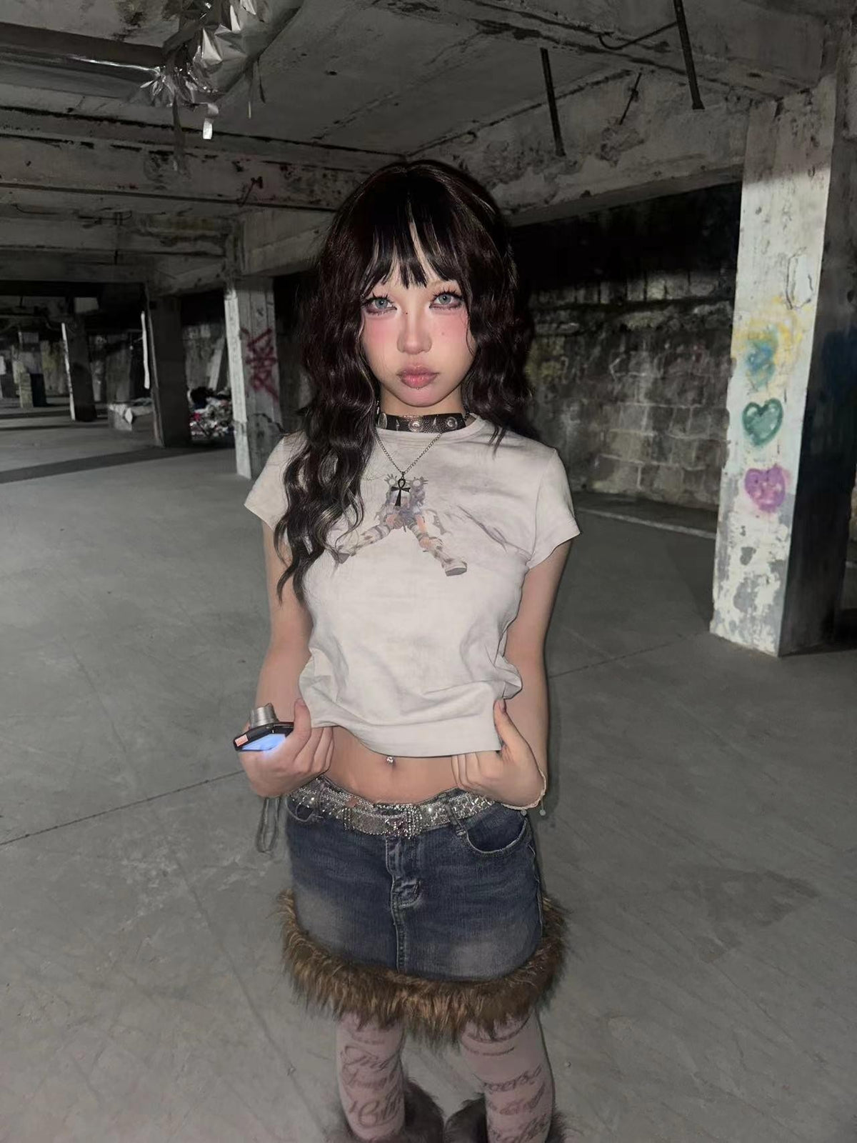 Alita26SS Cyberpunk Y2k Anime Graphic Slim Fit Short Sleeve Round Neck Women's Cotton Crop Tops