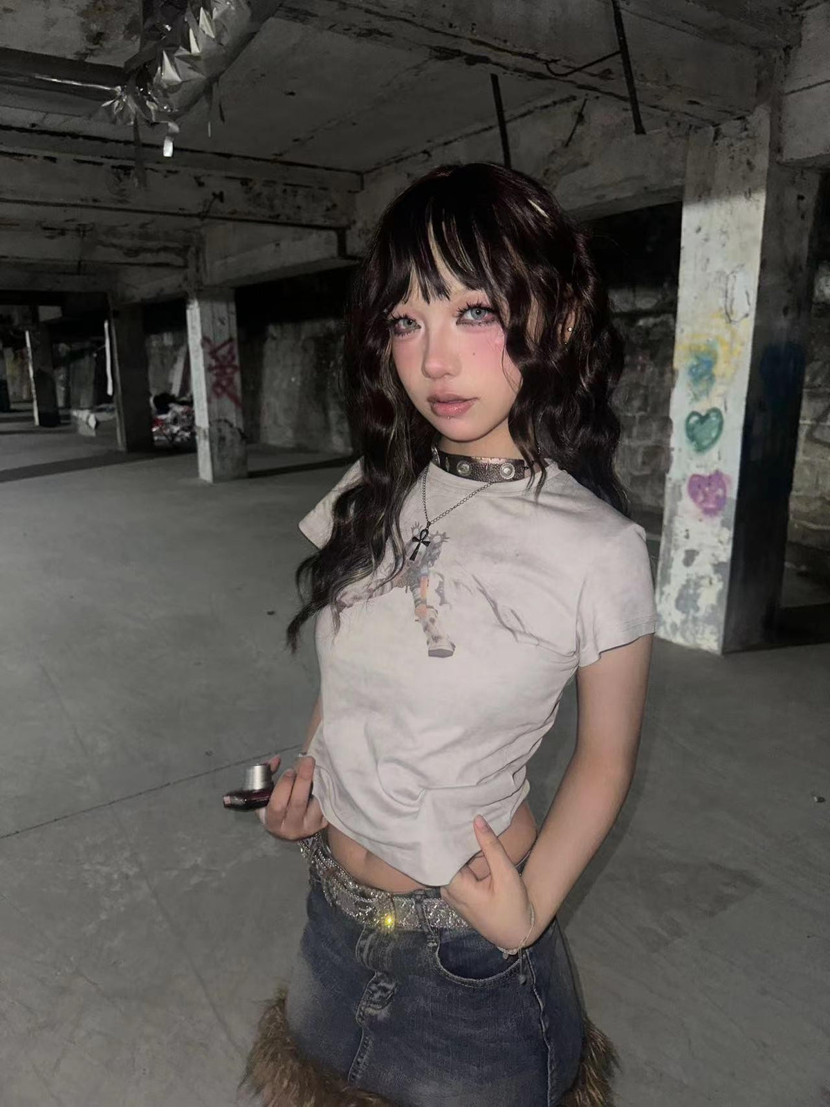 Alita26SS Cyberpunk Y2k Anime Graphic Slim Fit Short Sleeve Round Neck Women's Cotton Crop Tops