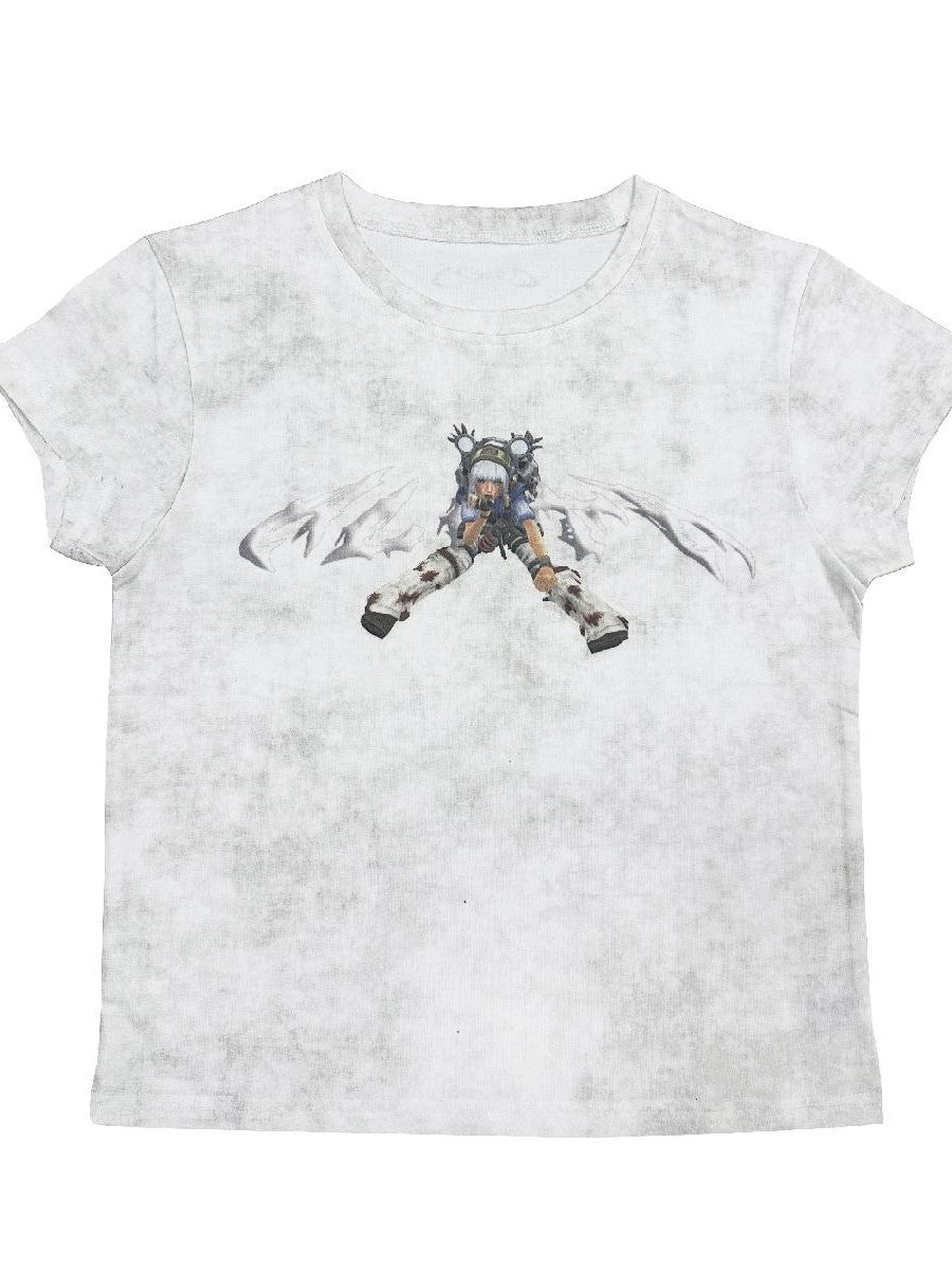 Alita26SS Cyberpunk Y2k Anime Graphic Slim Fit Short Sleeve Round Neck Women's Cotton Crop Tops