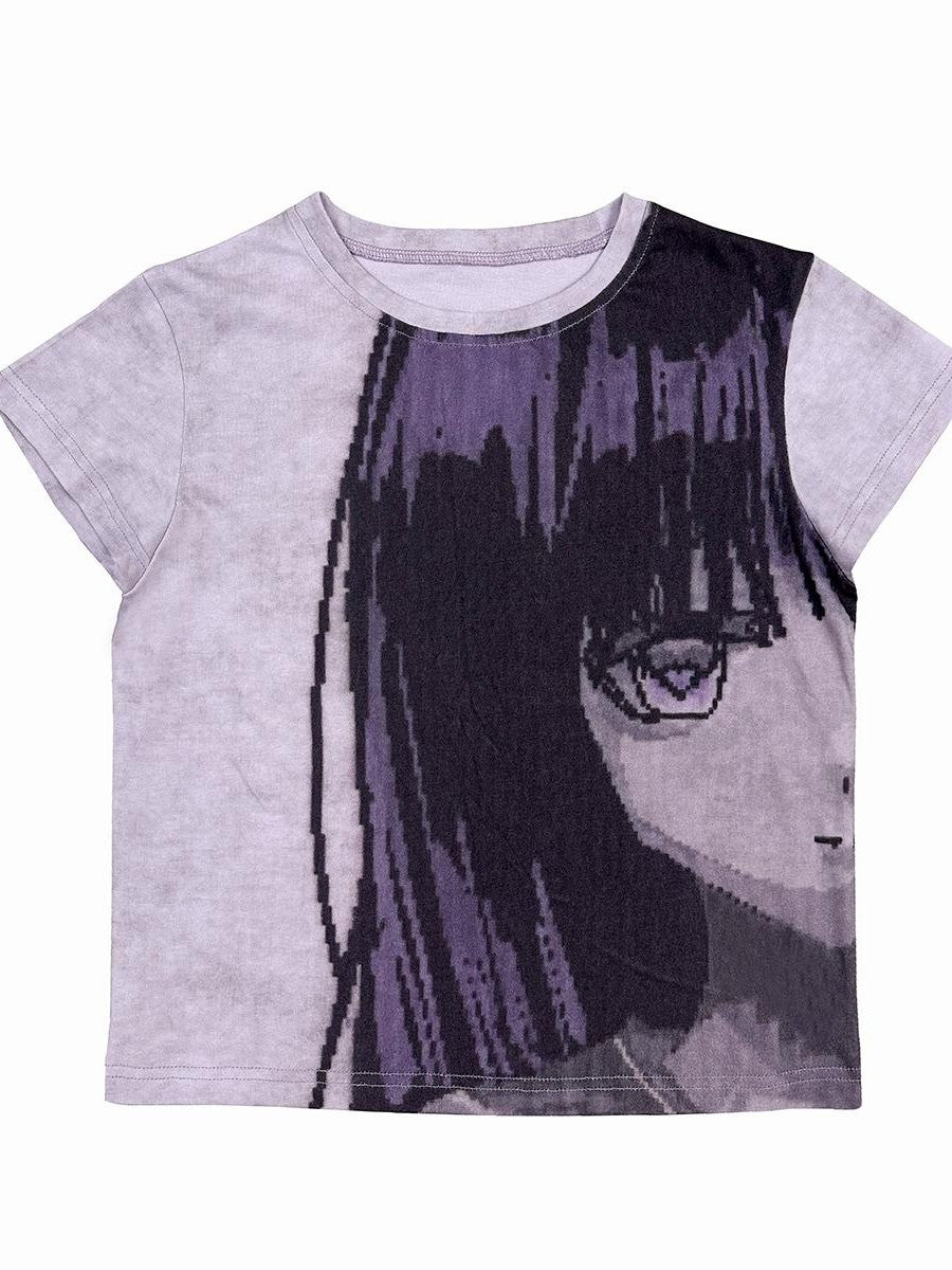 Alita26SS Cyberpunk Y2k Anime Graphic Slim Fit Short Sleeve Round Neck Women's Cotton Crop Tops