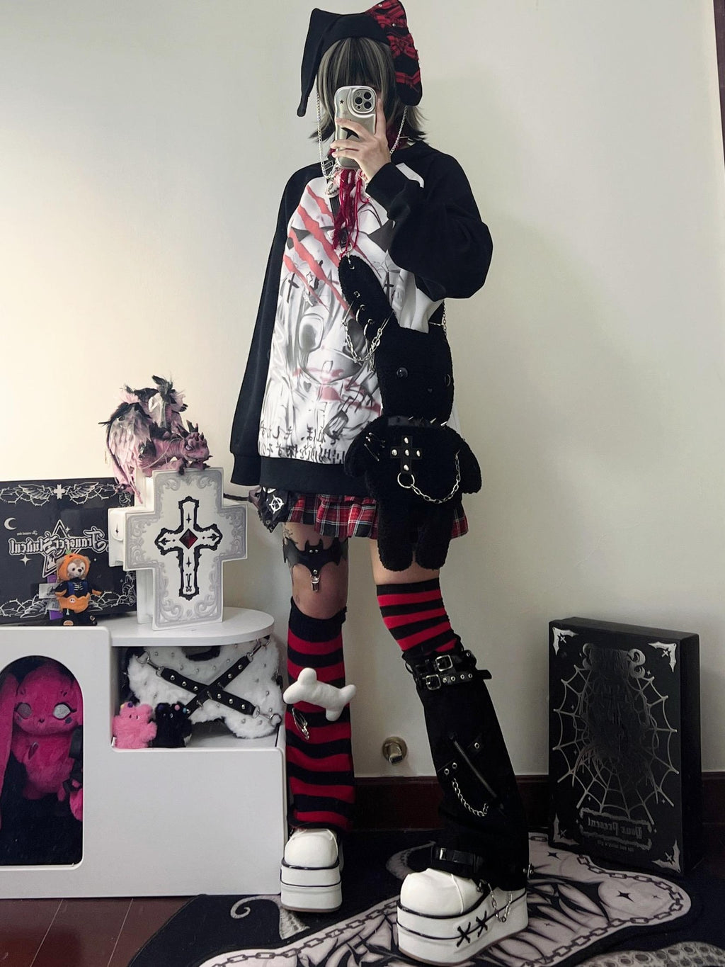 Alita26SS Dark Harajuku Cartoon Print Loose Raglan Sleeve Women's Cotton Hoodies