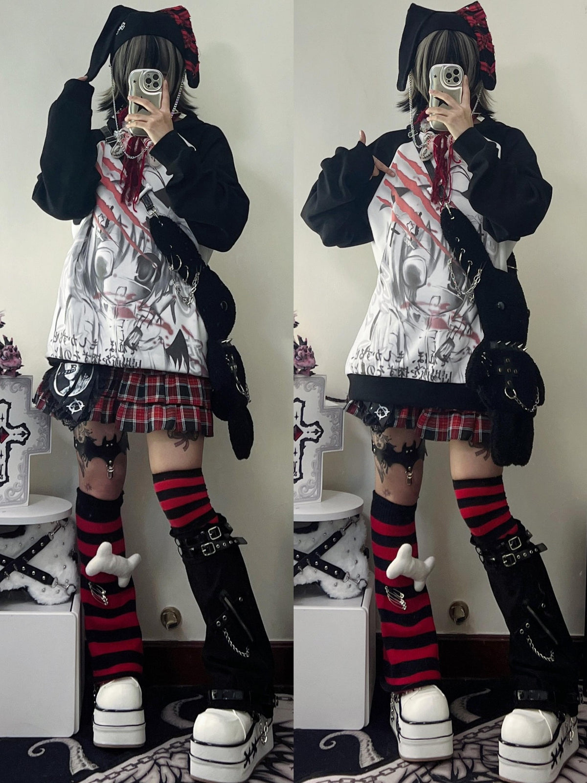 Alita26SS Dark Harajuku Cartoon Print Loose Raglan Sleeve Women's Cotton Hoodies