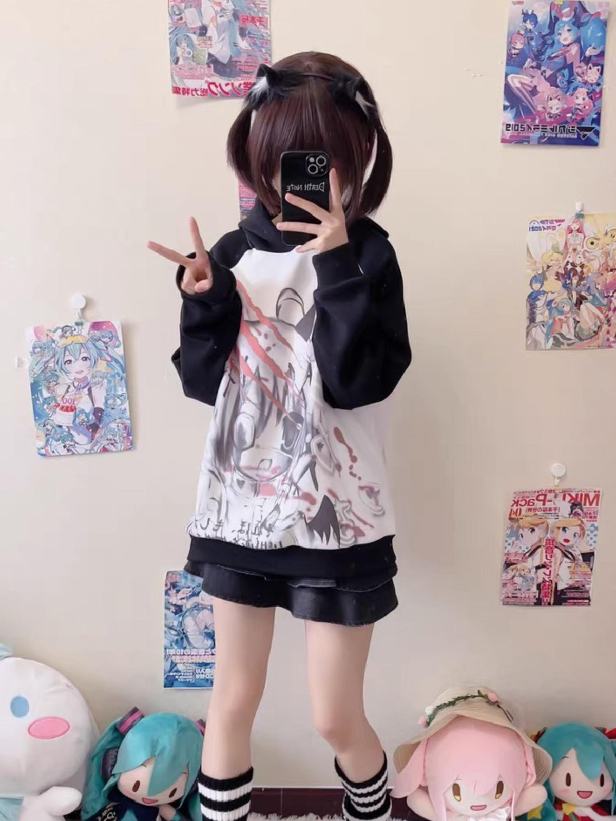 Alita26SS Dark Harajuku Cartoon Print Loose Raglan Sleeve Women's Cotton Hoodies