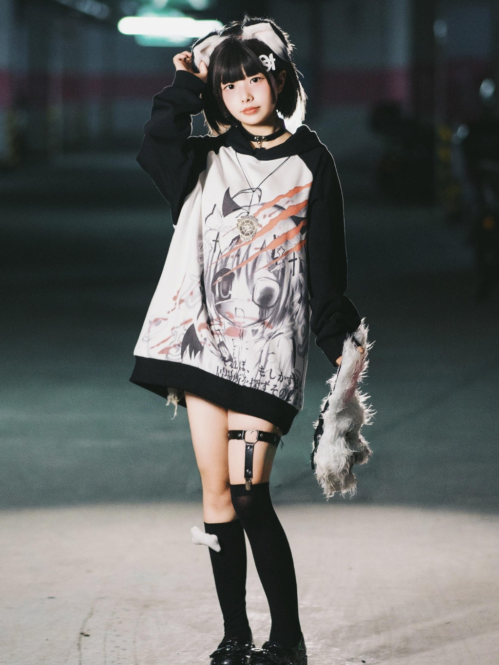 Alita26SS Dark Harajuku Cartoon Print Loose Raglan Sleeve Women's Cotton Hoodies