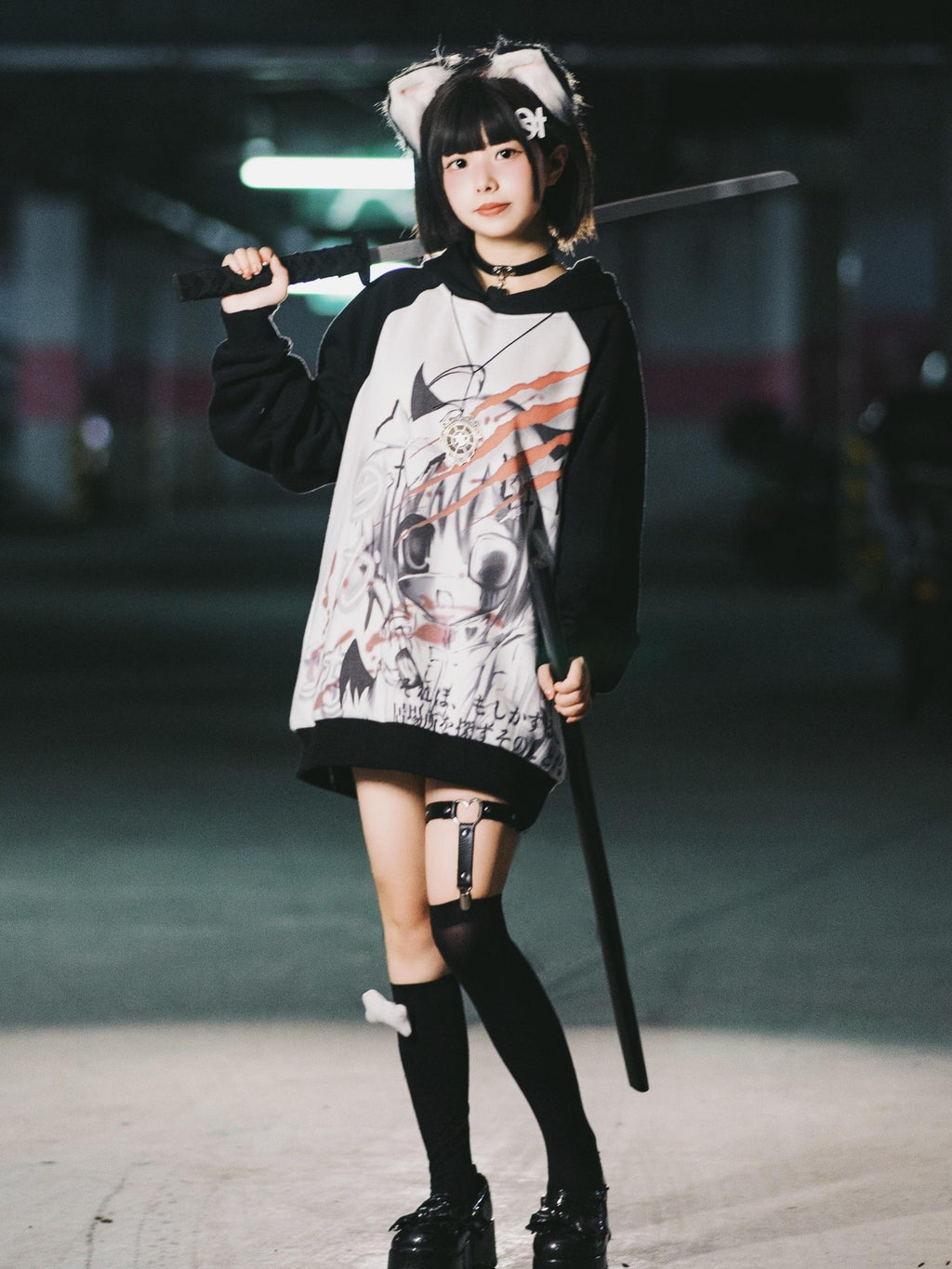 Alita26SS Dark Harajuku Cartoon Print Loose Raglan Sleeve Women's Cotton Hoodies