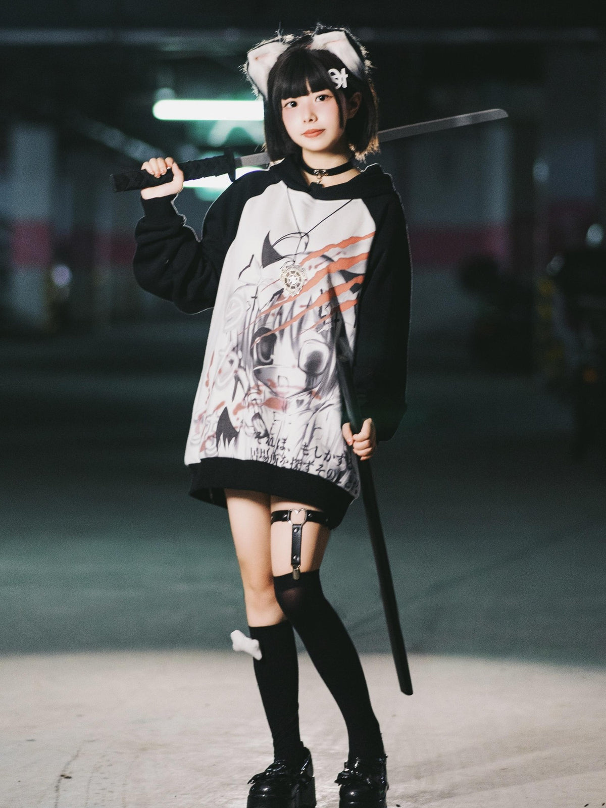 Alita26SS Dark Harajuku Cartoon Print Loose Raglan Sleeve Women's Cotton Hoodies
