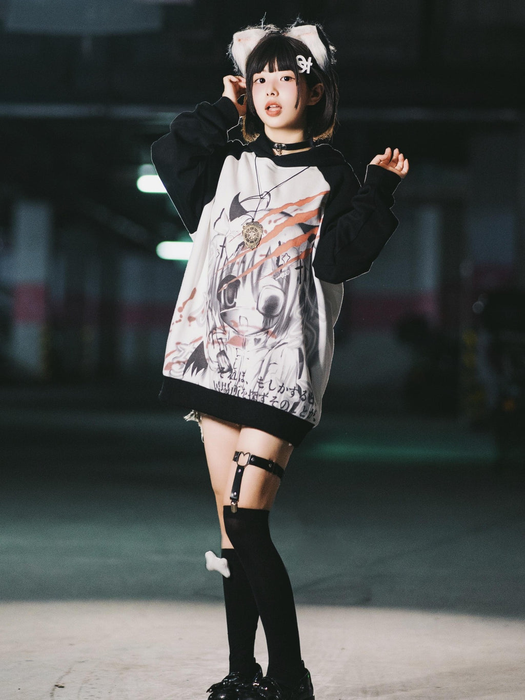 Alita26SS Dark Harajuku Cartoon Print Loose Raglan Sleeve Women's Cotton Hoodies