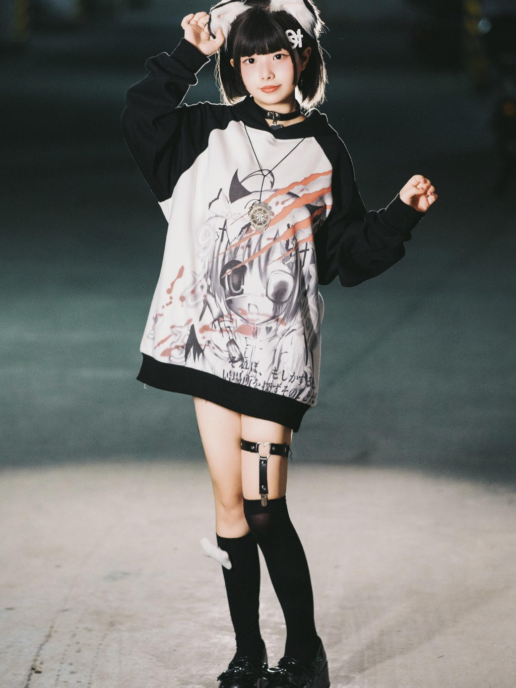 Alita26SS Dark Harajuku Cartoon Print Loose Raglan Sleeve Women's Cotton Hoodies