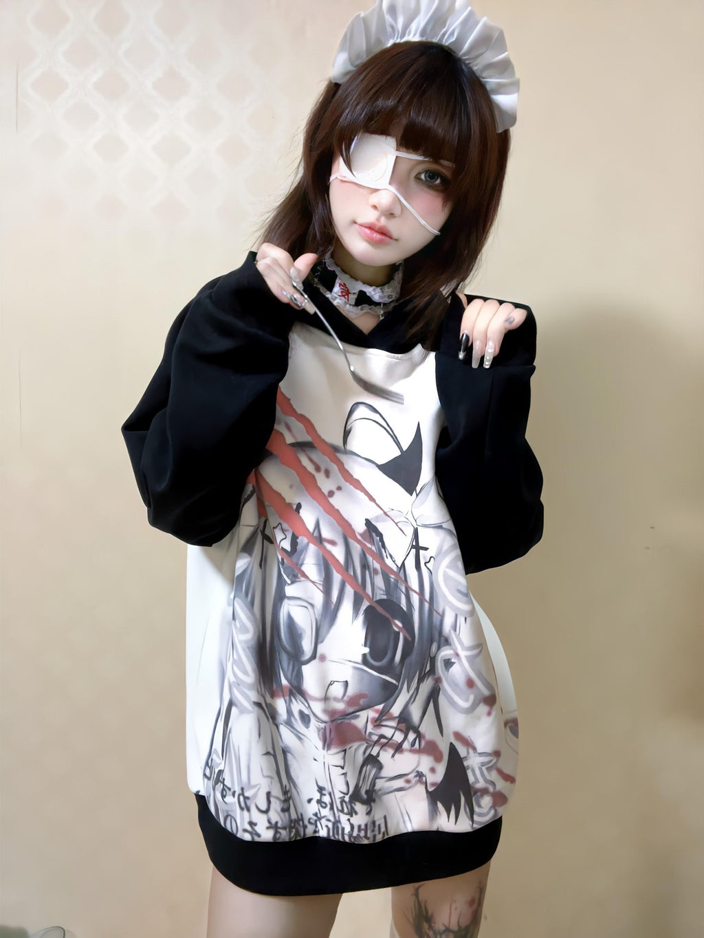 Alita26SS Dark Harajuku Cartoon Print Loose Raglan Sleeve Women's Cotton Hoodies