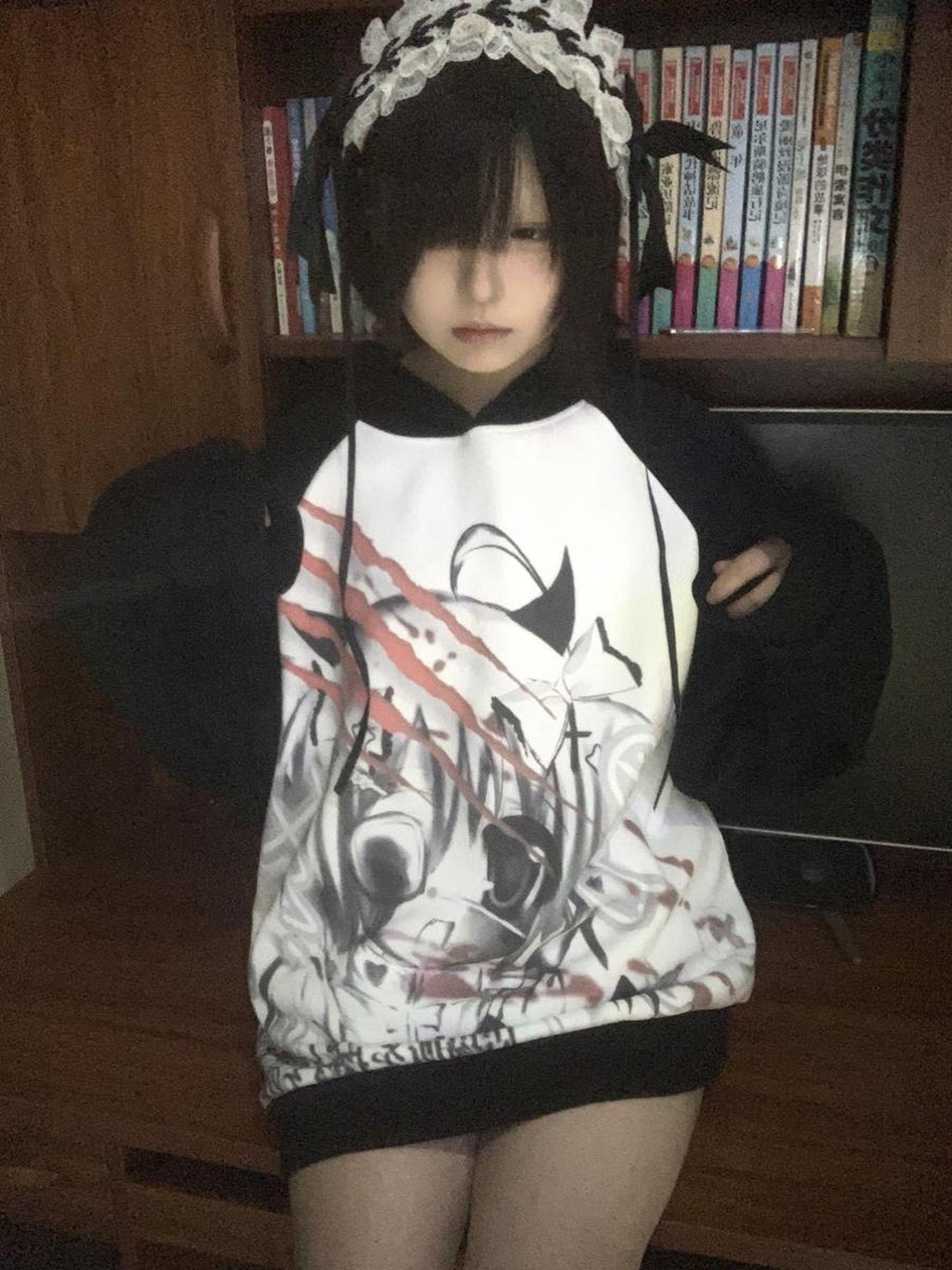 Alita26SS Dark Harajuku Cartoon Print Loose Raglan Sleeve Women's Cotton Hoodies