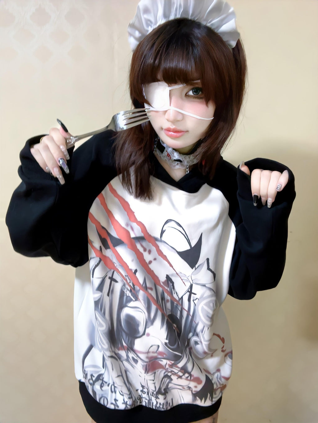 Alita26SS Dark Harajuku Cartoon Print Loose Raglan Sleeve Women's Cotton Hoodies