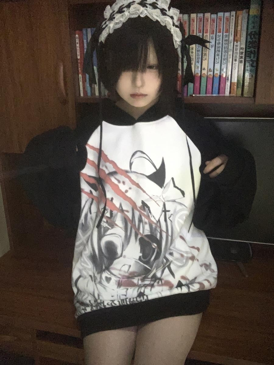 Alita26SS Dark Harajuku Cartoon Print Loose Raglan Sleeve Women's Cotton Hoodies