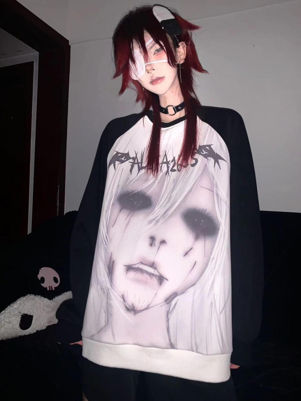 Alita26SS Dark Harajuku Raglan Sleeve Loose Fit Cartoon Graphic Women's Cotton Sweatshirts