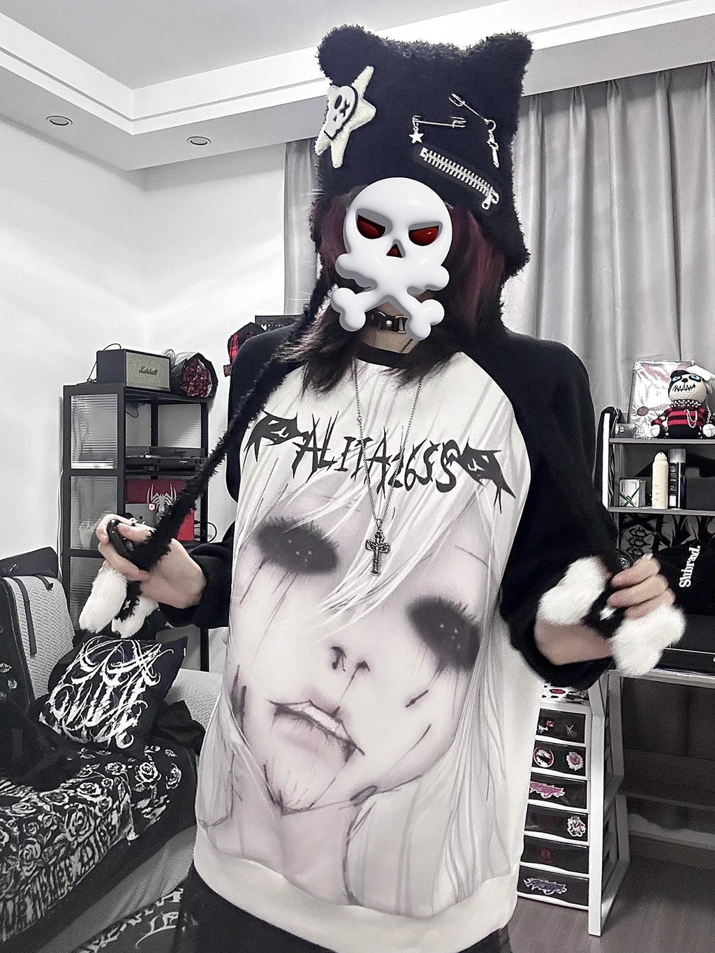 Alita26SS Dark Harajuku Raglan Sleeve Loose Fit Cartoon Graphic Women's Cotton Sweatshirts