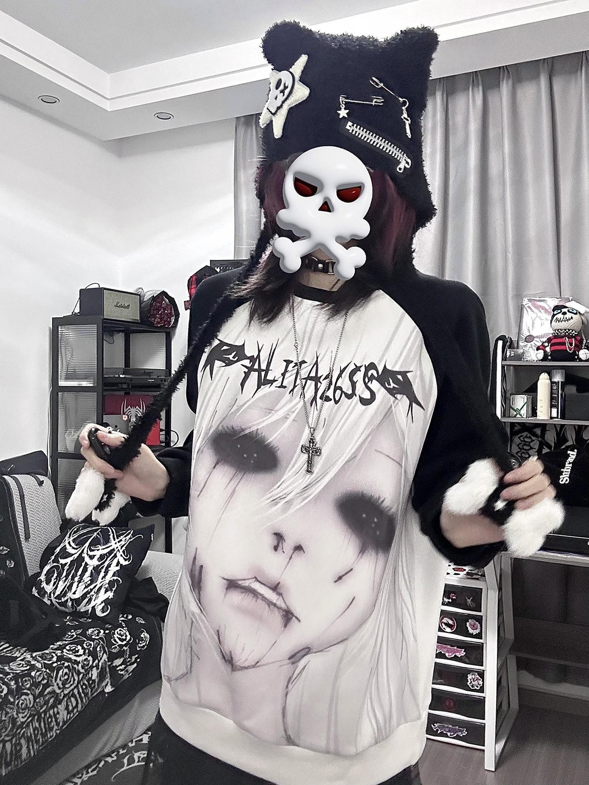 Alita26SS Dark Harajuku Raglan Sleeve Loose Fit Cartoon Graphic Women's Cotton Sweatshirts