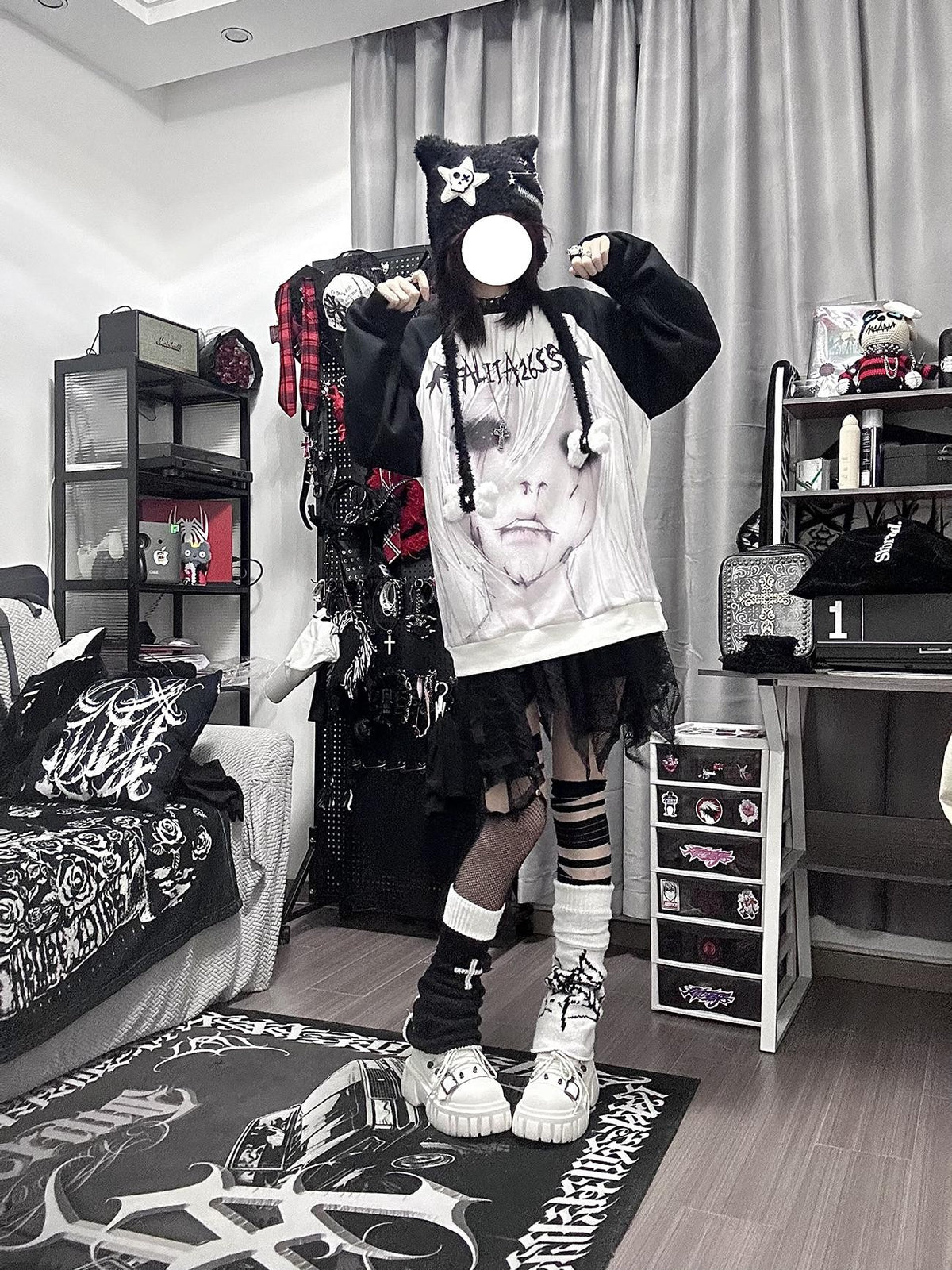 Alita26SS Dark Harajuku Raglan Sleeve Loose Fit Cartoon Graphic Women's Cotton Sweatshirts