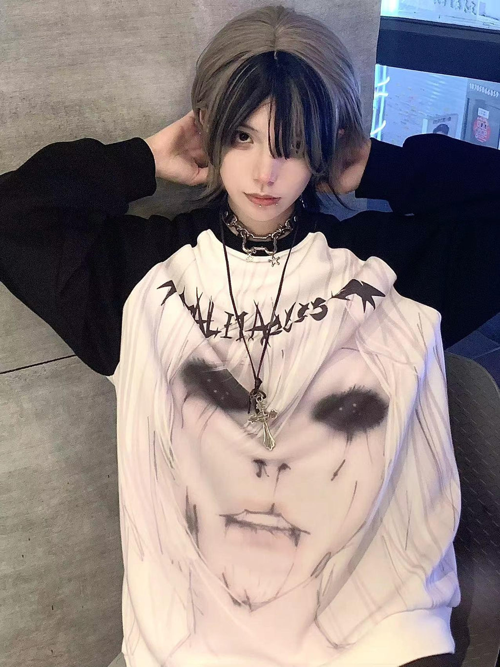 Alita26SS Dark Harajuku Raglan Sleeve Loose Fit Cartoon Graphic Women's Cotton Sweatshirts