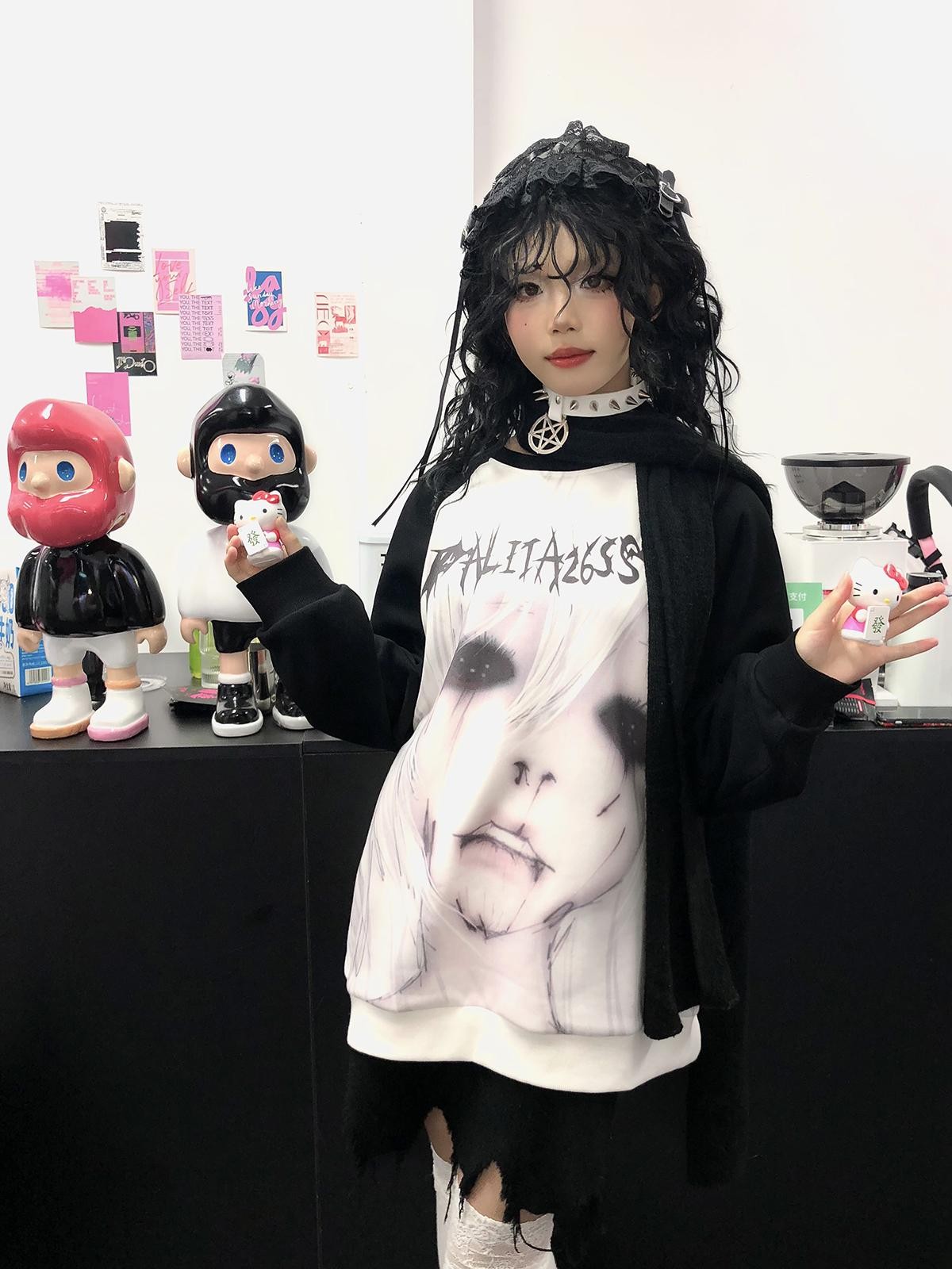 Alita26SS Dark Harajuku Raglan Sleeve Loose Fit Cartoon Graphic Women's Cotton Sweatshirts