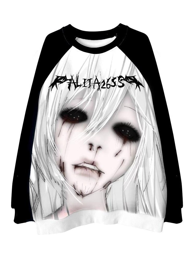 Alita26SS Dark Harajuku Raglan Sleeve Loose Fit Cartoon Graphic Women's Cotton Sweatshirts