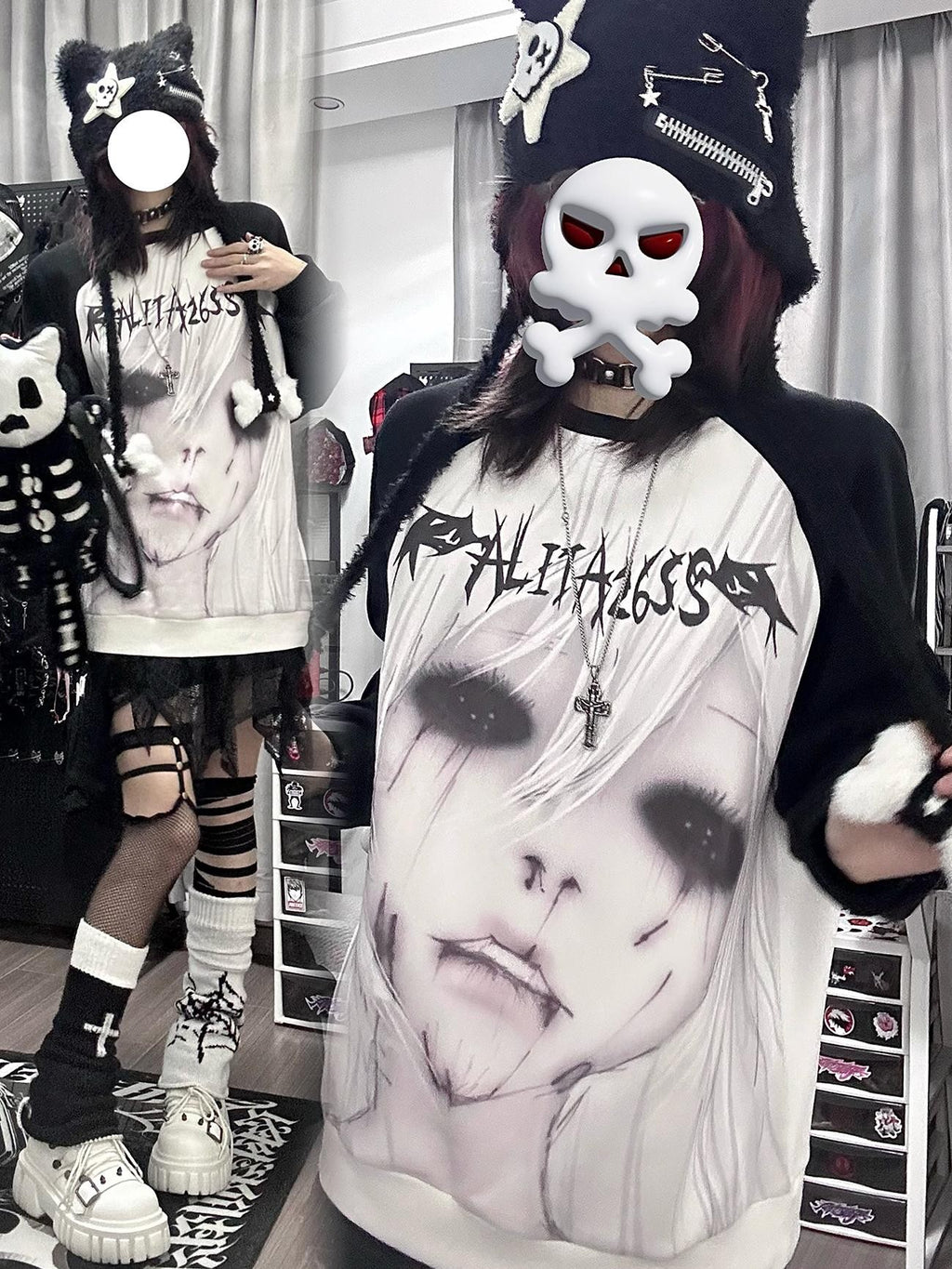 Alita26SS Dark Harajuku Raglan Sleeve Loose Fit Cartoon Graphic Women's Cotton Sweatshirts