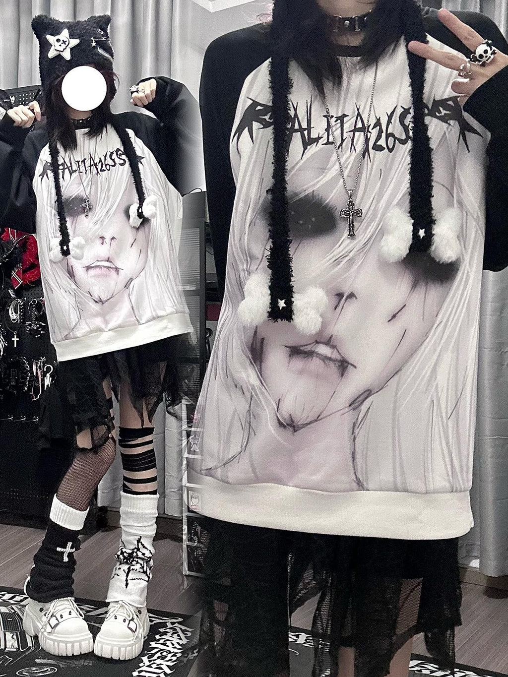 Alita26SS Dark Harajuku Raglan Sleeve Loose Fit Cartoon Graphic Women's Cotton Sweatshirts