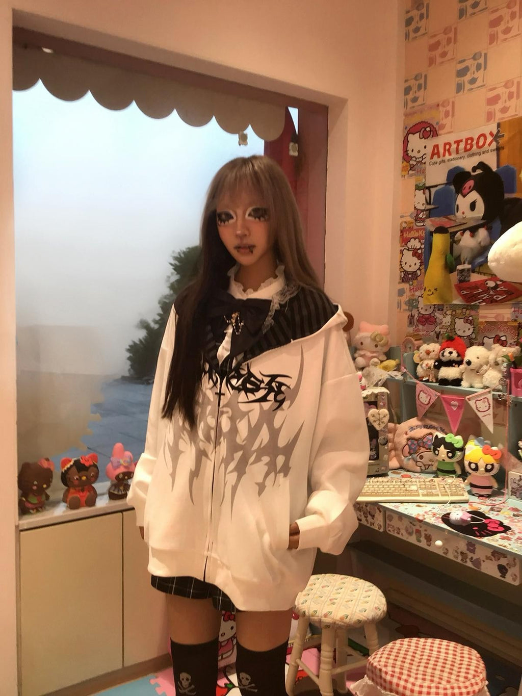 Alita26SS Dark Japanese Print Loose Fleece Lined Women's Cotton Zip-up Hoodies