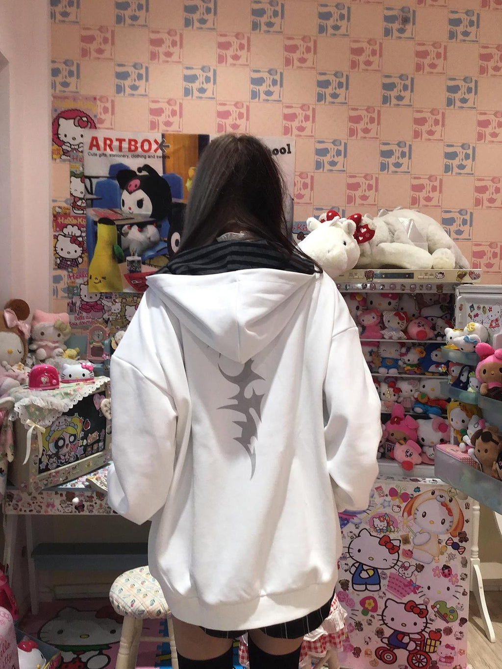 Alita26SS Dark Japanese Print Loose Fleece Lined Women's Cotton Zip-up Hoodies