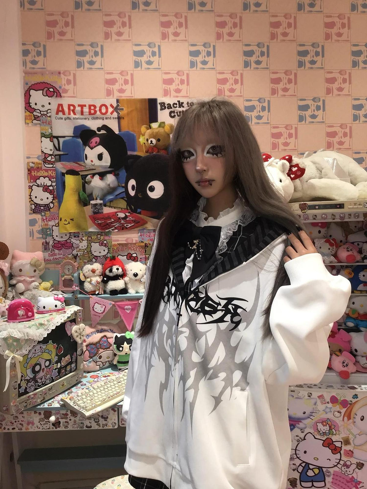 Alita26SS Dark Japanese Print Loose Fleece Lined Women's Cotton Zip-up Hoodies