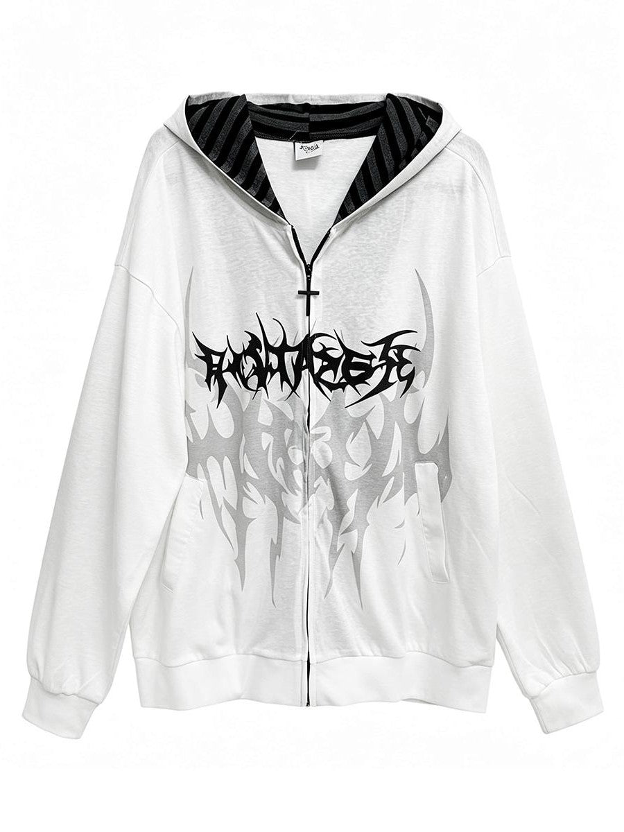 Alita26SS Dark Japanese Print Loose Fleece Lined Women's Cotton Zip-up Hoodies