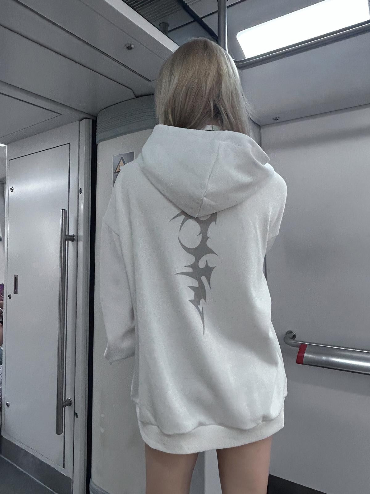 Alita26SS Dark Japanese Print Loose Fleece Lined Women's Cotton Zip-up Hoodies