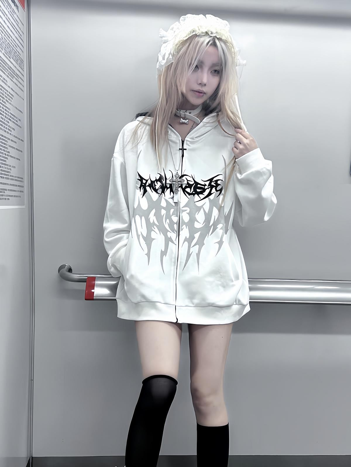Alita26SS Dark Japanese Print Loose Fleece Lined Women's Cotton Zip-up Hoodies