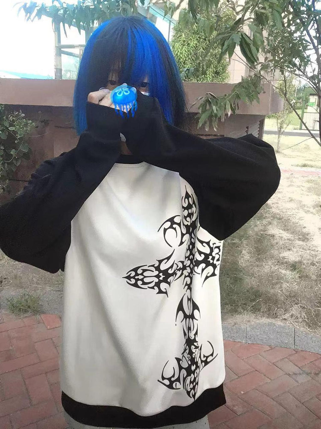 Alita26SS Dark Tattoo Cross Print Loose Fit Women's Cotton Sweatshirts