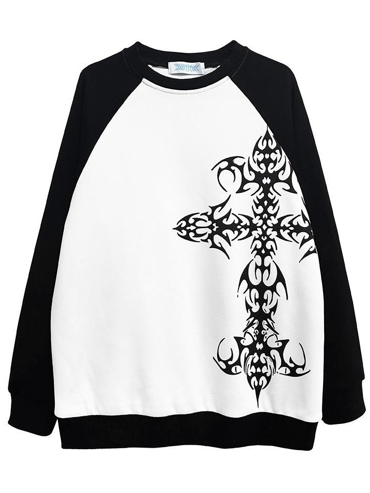 Alita26SS Dark Tattoo Cross Print Loose Fit Women's Cotton Sweatshirts