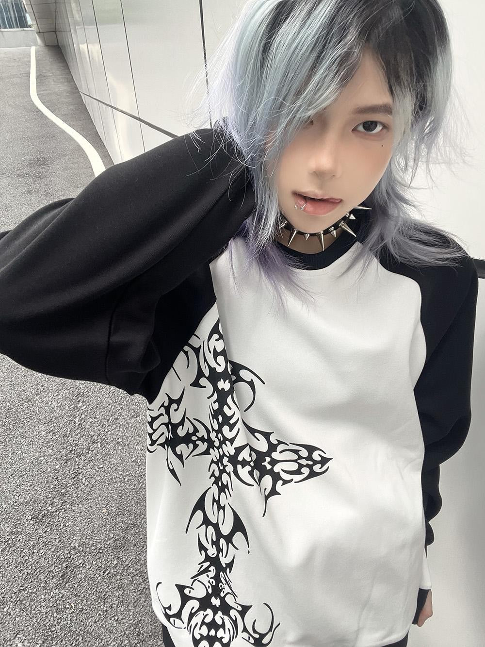 Alita26SS Dark Tattoo Cross Print Loose Fit Women's Cotton Sweatshirts