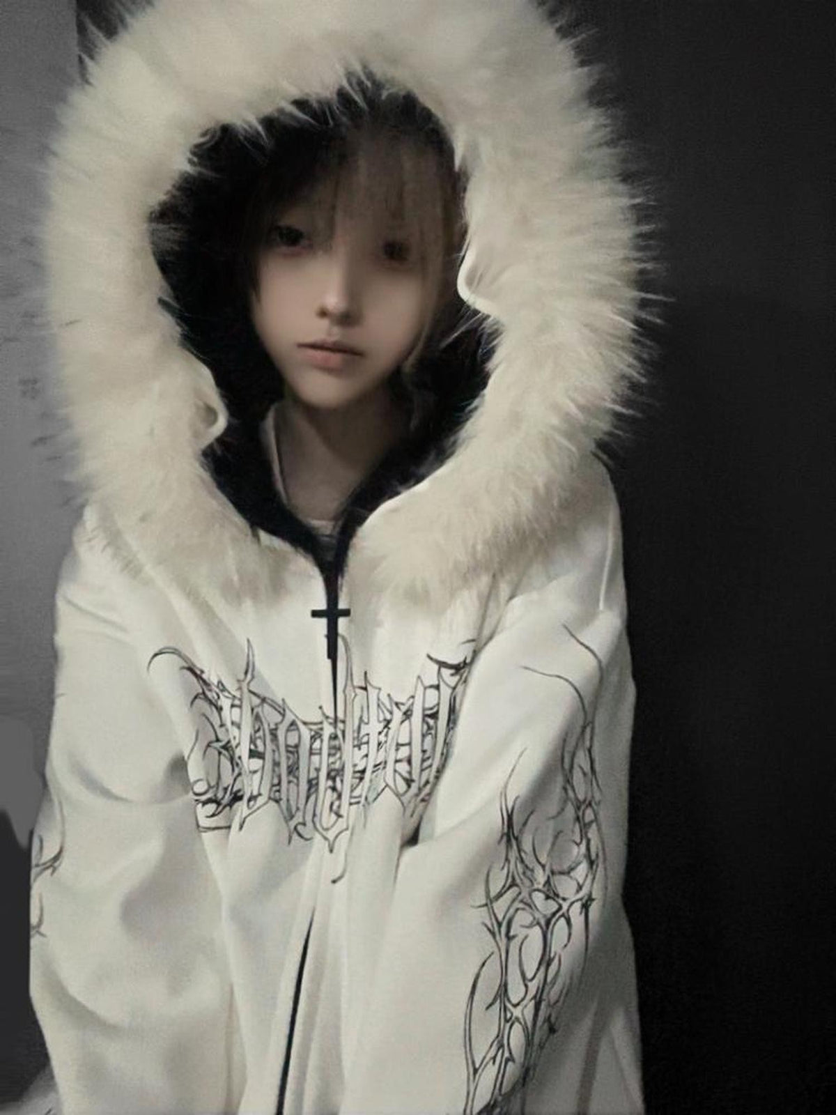 Alita26SS Faux Fur Trim Print Loose Fit Women's Cotton Fleece Zip-up Hoodies