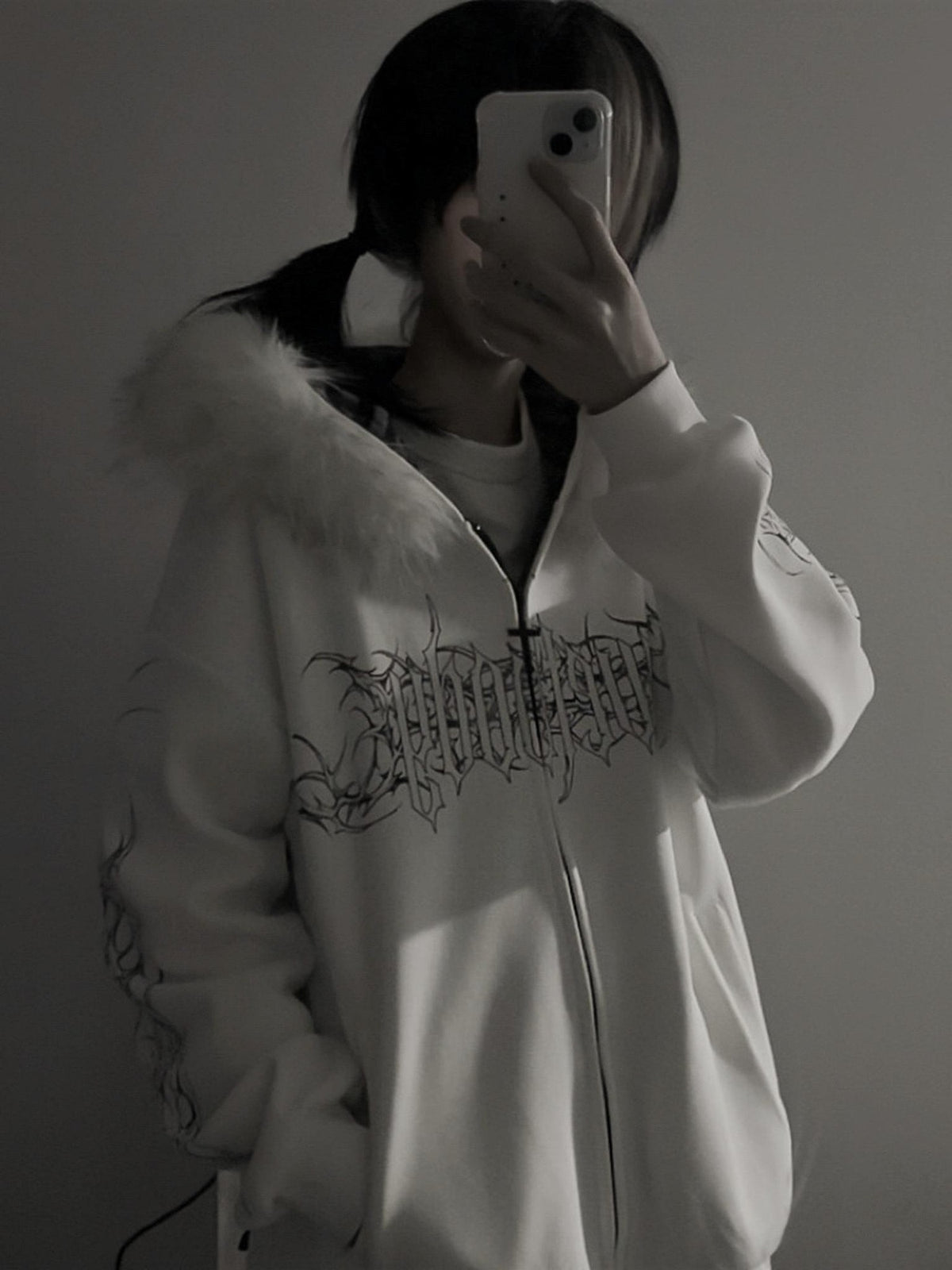 Alita26SS Faux Fur Trim Print Loose Fit Women's Cotton Fleece Zip-up Hoodies