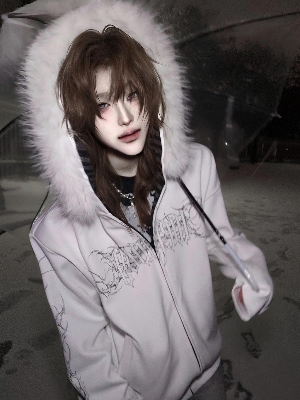 Alita26SS Faux Fur Trim Print Loose Fit Women's Cotton Fleece Zip-up Hoodies